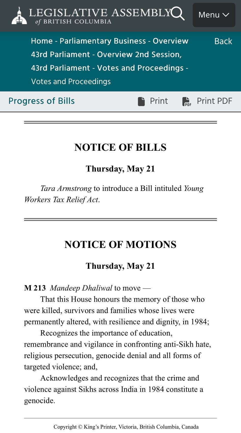 Notice of Sikh Genocide 1984 Motion in BC State Assembly by MLA Mandeep Dhaliwal